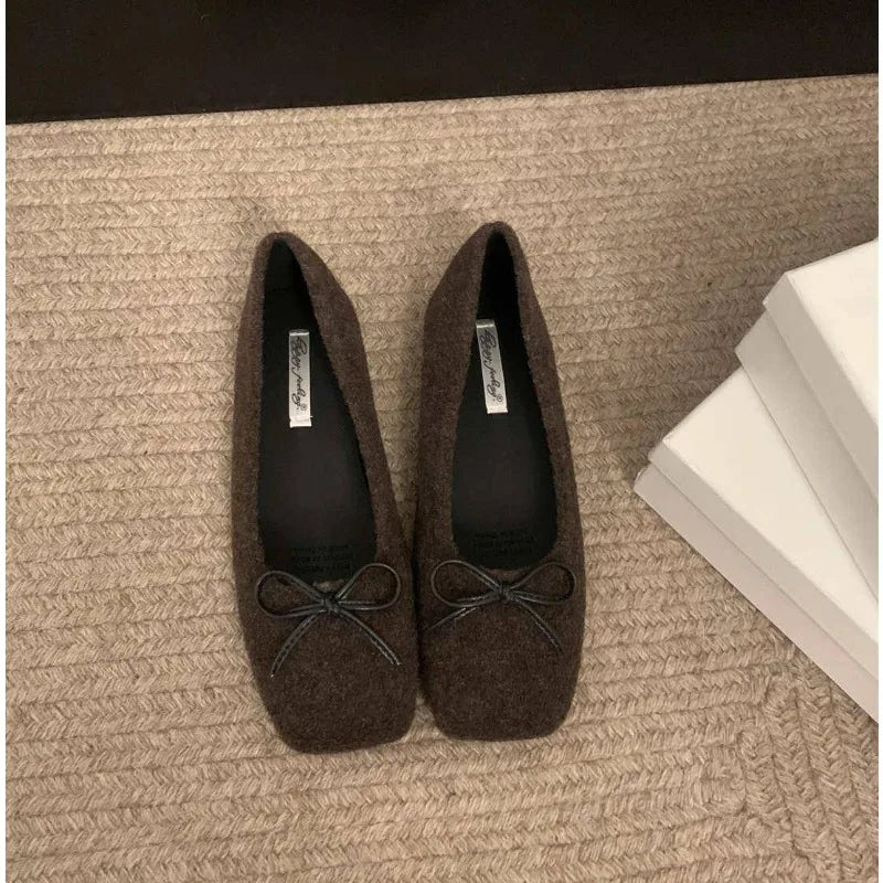 LBSFY -Woman Casual Square Head Bow Flats Flock Mocasines Ballerina Church Flats Female Suede Elegant Soft Sole Women Shoes