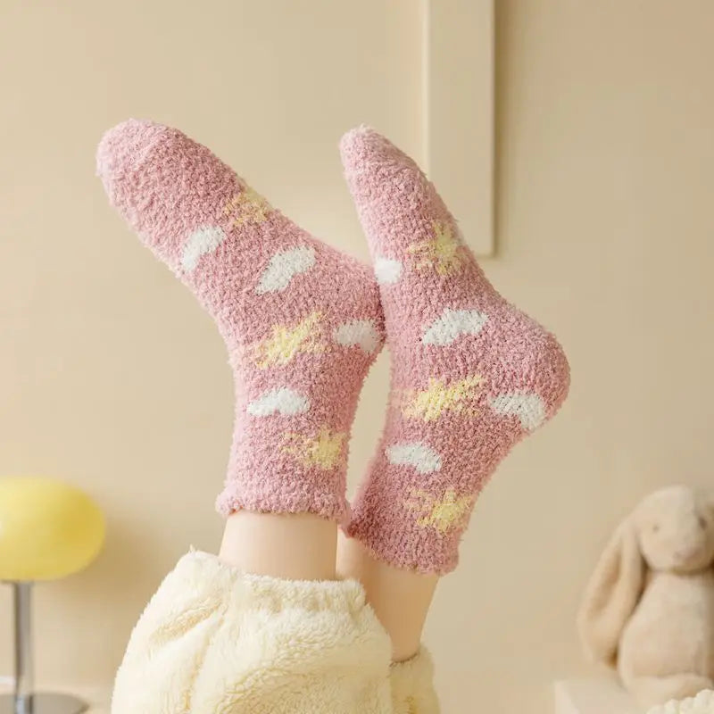 Lbsfy Socks Women Winter Warm Fluffy Fuzzy Cute Middle Tube Thick Thermal Soft Coral Fleece Floor Sleep Cartoon Star Short Crew Socks