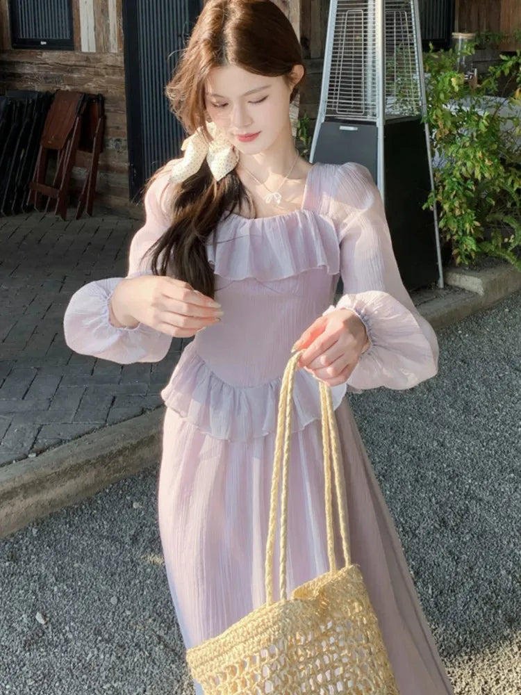 LBSFY -Elegant French Romantic Ruffles Chiffon Purple Women's Dresses Square-Collar Slim Waist Long Sleeves  korean Dress Vacation New
