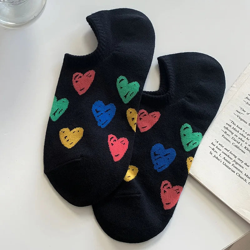 Lbsfy Spring Summer Socks Women's Combed Cotton Sweat Style Leisure Low Cut Love Print Invisible Socks Girls Gift Korean Street Sox