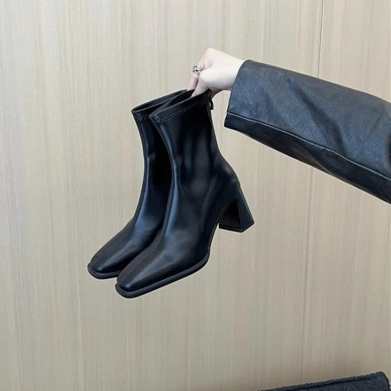 LBSFY -New Style Fashion Women's Autumn Cow Leather Retro Square Toe Zipper High Heels Ankle Boots Square Heel All Match Women Shoes