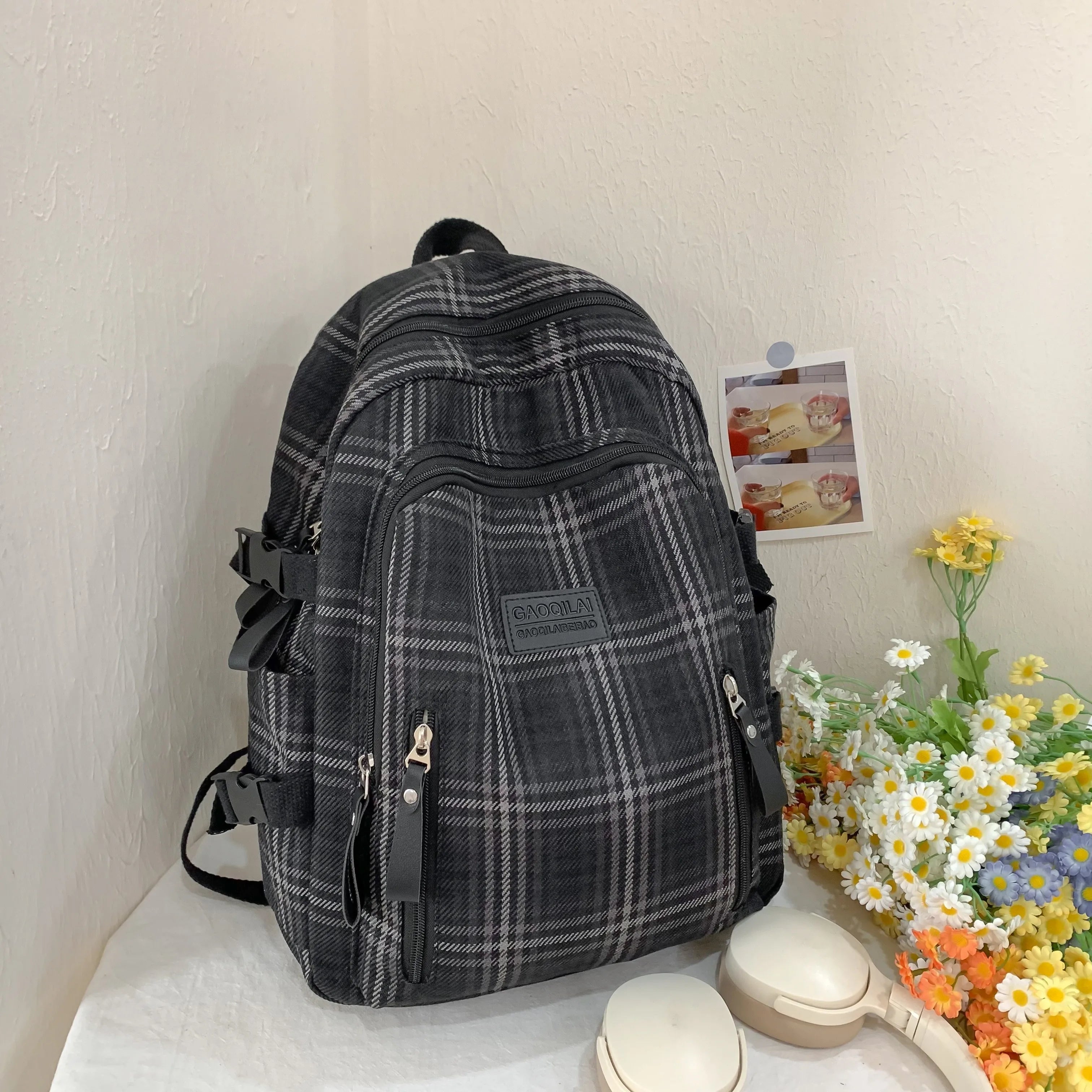 LBSFY -Casual Backpack, Trendy Brand Cotton and Linen Checkered Design School Bag, Good-Looking, Large-Capacity Lightweight Backpack for Junior High School and College Students
