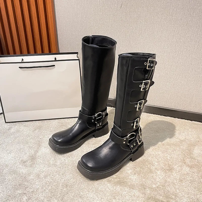 LBSFY  -  Ins style Fashion Metal Buckle Real Leather Women Motorcycle Boots Vintage Autumn Winter Gothic Platform Knee-high Boots Shoes