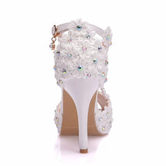 LBSFY  -  Women Sweet Fashion White Colored Floral Stiletto Party Tassel Bridal Wedding Shoes Ankle Strap High Heels