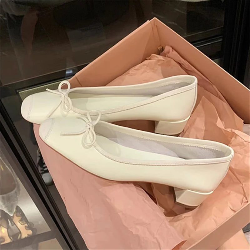 LBSFY -Fashion Design Silk Ballerinas Women Pumps Slip On Loafers Round Toe Square Heels Bowknot Casual Spring Autumn Shoes