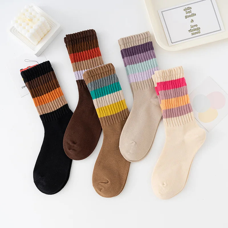 Lbsfy 5 Pairs Women Socks Cotton 1 Set Autumn Winter Middle Tube Breathable Fashion Harajuku Cute Rainbow Stripes Socks Pack Wholesale