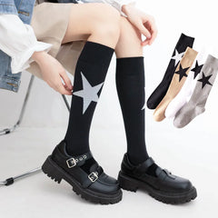 Lbsfy Women's Socks Cotton Spring Autumn Winter Black White Harajuku Korean Streetwear Socks Star Print Long Stockings Knee-high Socks