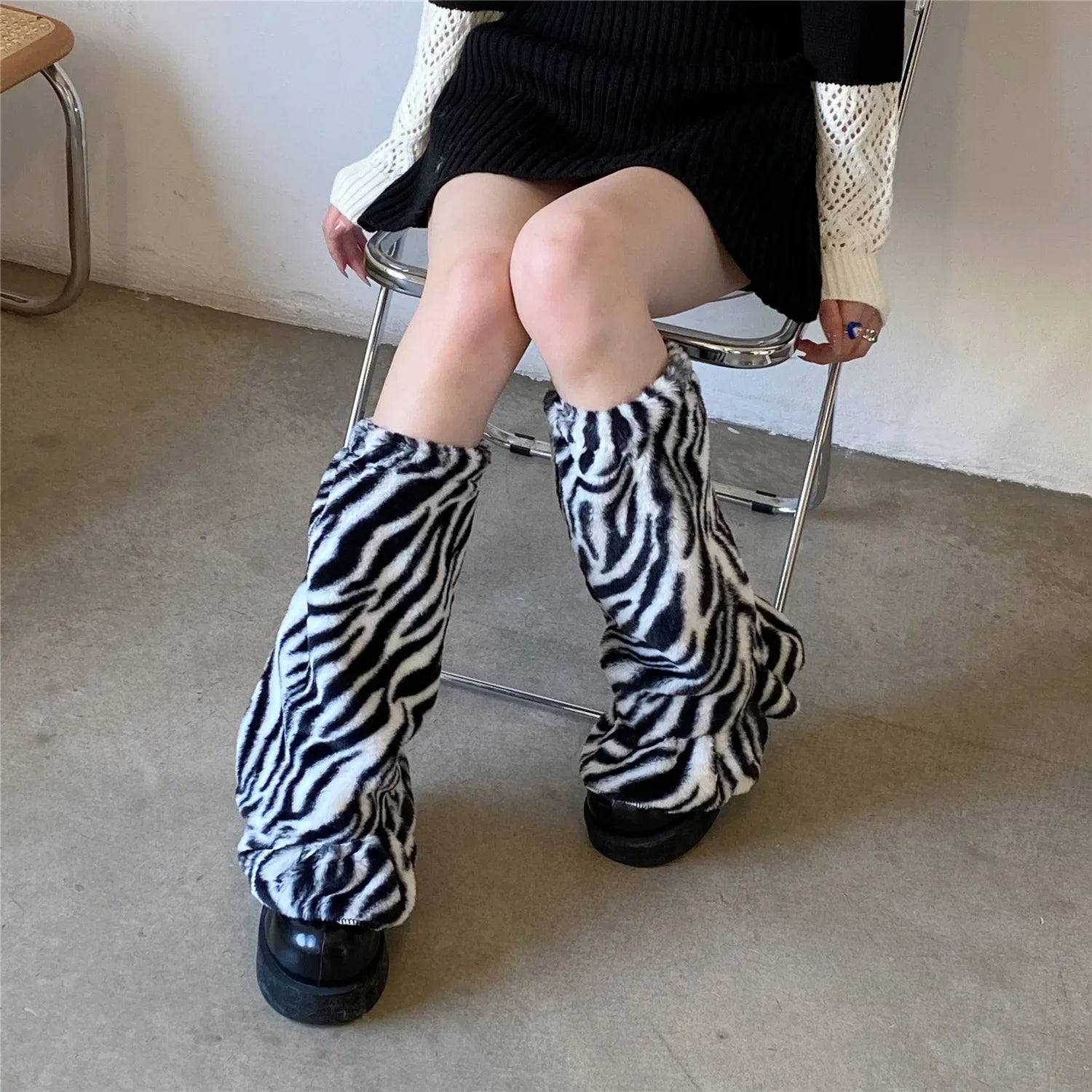 Lbsfy Winter Fur Leg Warmers Y2K Zebra Pattern Socks Harajuku Boot Cuffs Long Warmer Lolita Socks Boho Sock Sets Thigh Garter Socks