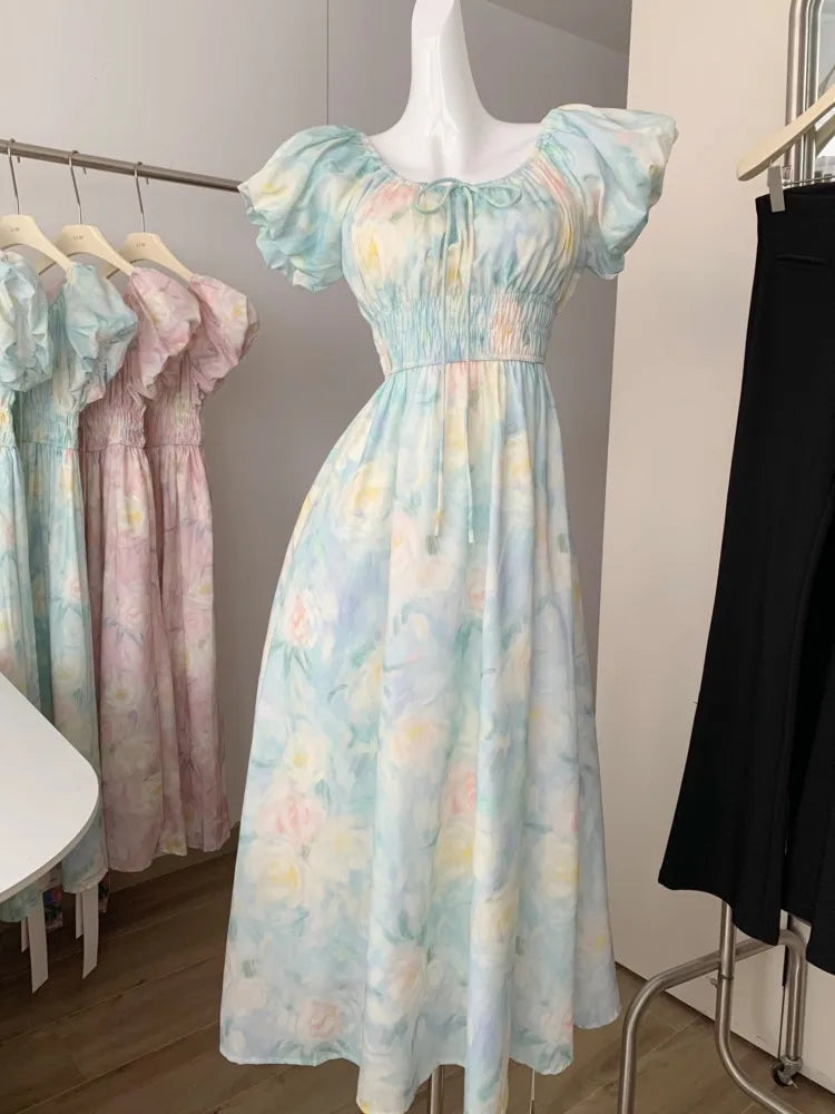 LBSFY -Women's Korean Print Elegant Long Dresses Summer New Elastic Puff Sleeveless Lace-up Dress 2025 Chic Holiday Vaaction Vestidos