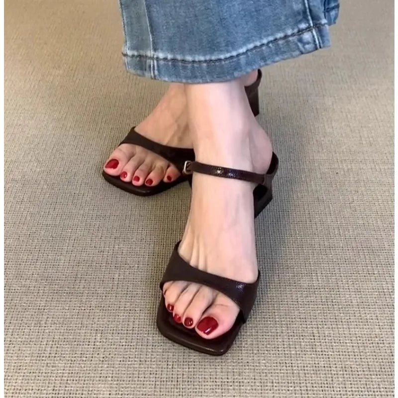 LBSFY -Women's Shoes 2025 New Concise Buckle Strap Square Heel Women's Slippers Fashion Peep Toe Versatile Large Size Modern Slippers