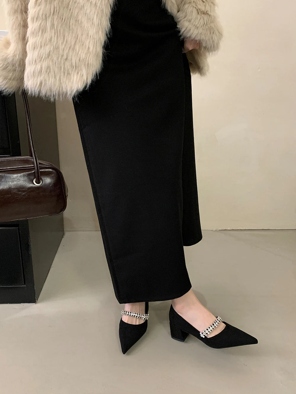 LBSFY  -  Fashion Women Pumps Pointed Toe Thick High Heels Rhinestone Chain Autumn Spring Elegant Party Pumps Shoes Woman Size 35-39