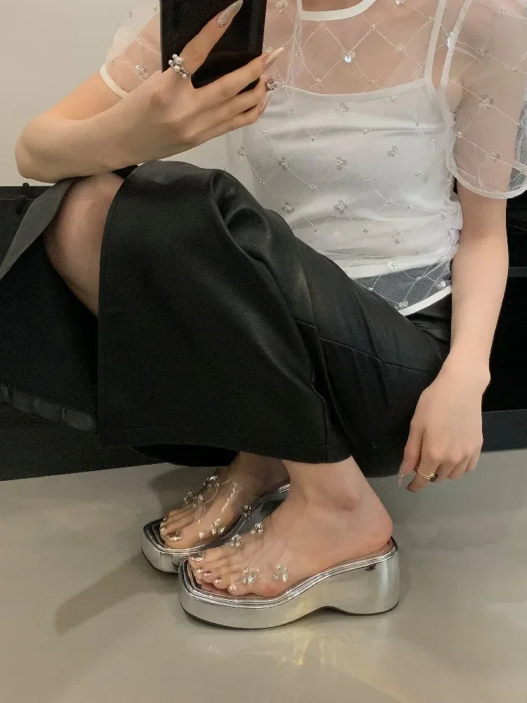 LBSFY -Diamond PVC Transparent Slippers Women Solid Platform Wedges Shoes Summer Square Toe High Heels Sandals