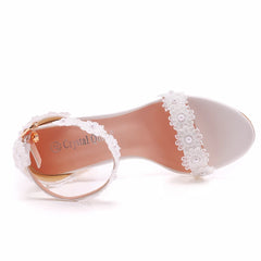 LBSFY  -  Wedding Shoes Bride Elegant White Lace Flower Pearl Design 9CM High Heels Female Pumps Summer Women Sandals