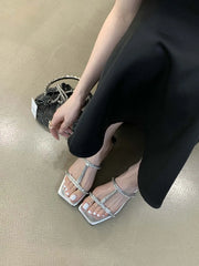 LBSFY  -  Open Toe Women Slides Slippers Black Silver Pink Summer Outside Mules Shoes Low Heels Rhinestone Shallow Casual Mules Thin Heels