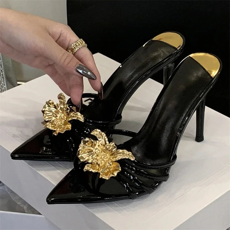 LBSFY -Summer Design Metal Flower Narrow Band Pointed Toe Women Slippers Thin Heels Party Prom Slide Shoes Zapatillas De Mujer