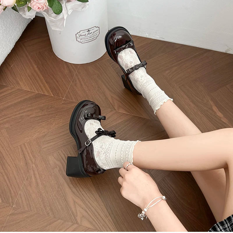 LBSFY -New Platform Thick Heel Women Mary Jane Shoes Fashion Butterfly-knot Dress Shoes Ladies Outdoor Leather Pumps