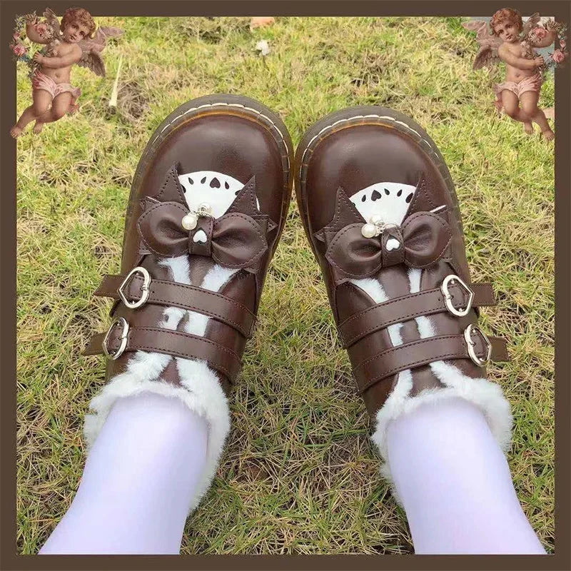 LBSFY  -  Jk School Sweet Student Lolita Shoes Vintage Round Head Plus Velvet Women Shoes Cute Bowknot Warm Kawaii Shoes Loli Boots