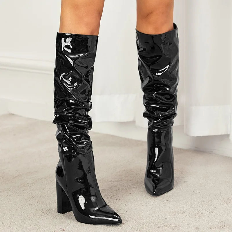 LBSFY -Patent Leather Over The Knee Chelsea Boots Women Shoes Chunky Heels Fashion Solid Sexy Thin High Heel Side Boots Female