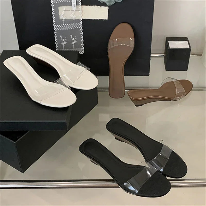 LBSFY -2025 New Summer PVC Transparent Wedges Open Toe Women Slippers Low Heels Banquet Dress Beach Female Shoes