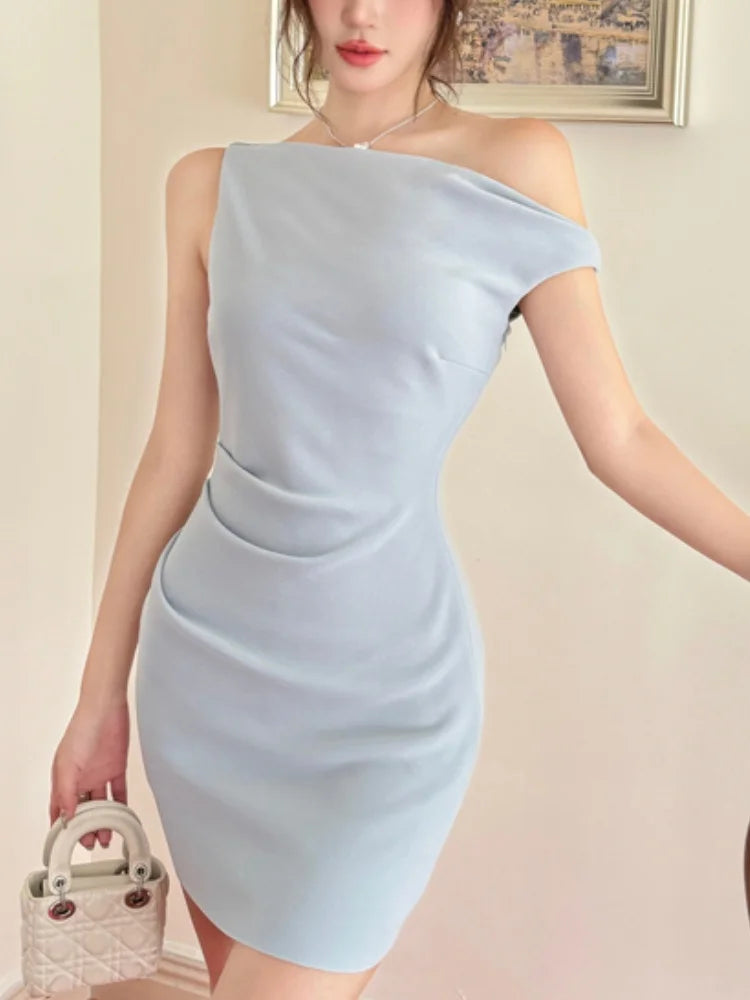 LBSFY -Elegant Solid Bodycon Evening Party Dresses Fashion Diagonal Collar Off Shoulder Prom Vestidos Summer Korean Female Clothing New