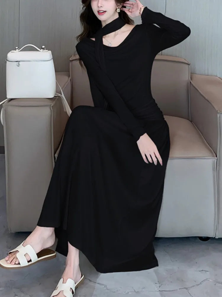 LBSFY -Elegant Solid Evening Dresses for Women Autumn Wedding Prom Robe Pleated Halter Long Sleeves Swinging Collar Vestidos Mujer New