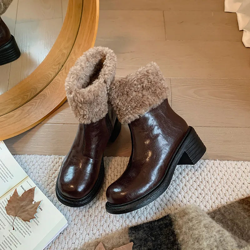 LBSFY  -  Fashion Short Boots Women's New High Quality Genuine Leather Boots Winter Warm Wool Boots Round Head High Heels Boots