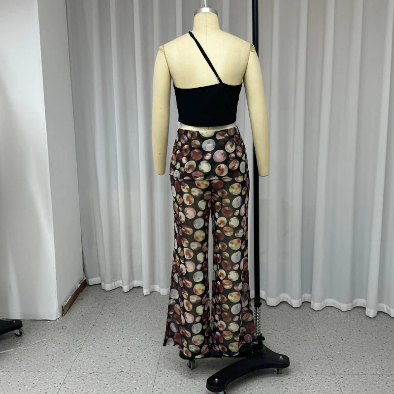 LBSFY  -  Two Piece Suit 2024 Summer Women Casual Sleeveless Solid Solid Skew Collar Top Printed Wide Leg Pants Sets Streetwear