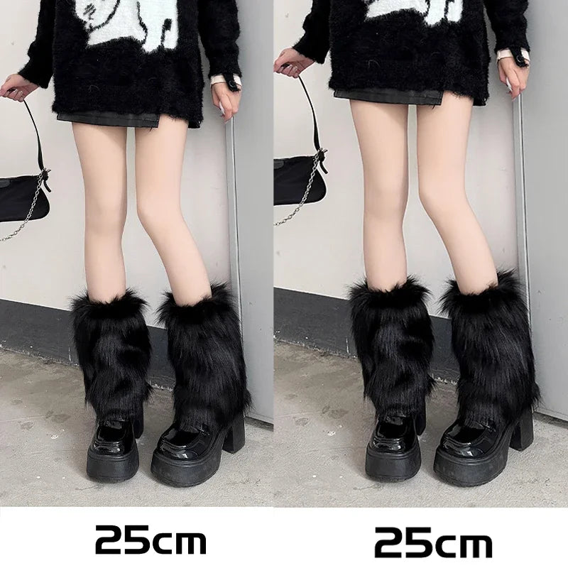 Lbsfy Japanese White Faux Fur Leg Warmers Boot Covers Y2K Goth Solid Leg Socks Punk Jk Knee-length Hiphop Hotgirl Fashion Warm Sock