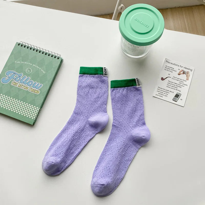 Lbsfy Women's Socks New Fashion Mixed-color Casual Simple Korean Style Striped Socks Female Breathable Cotton Girls School Crew Socks