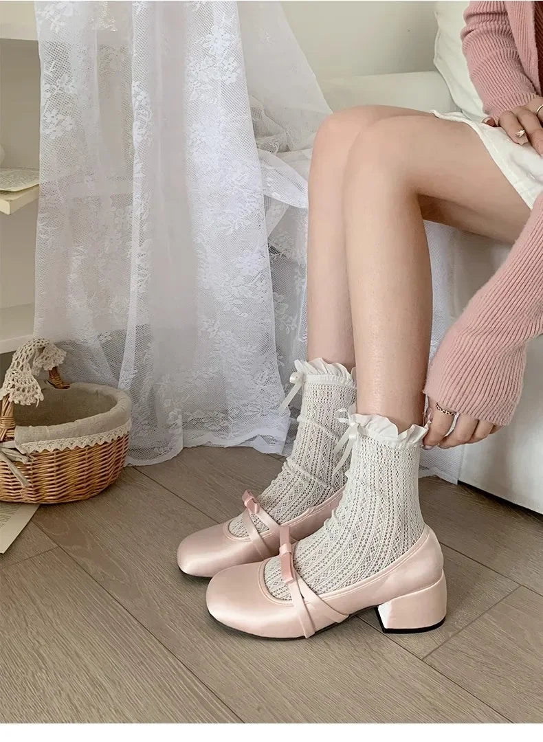 LBSFY -Women Chunky Heel Shoes New  Fashion Bowknot Strap Mid Heels Women Mary Jane Shoes Dress Shallow Mouth Ladies Ballet Shoes