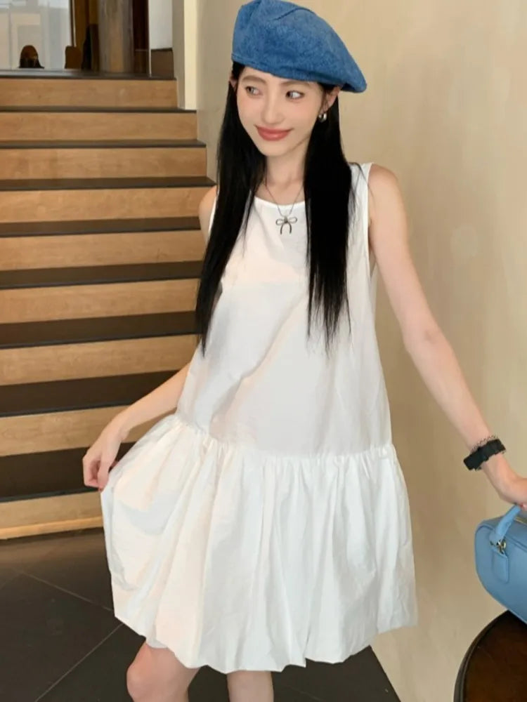 LBSFY -Summer Elegant Korean Solid Short Women's Dress Sweet Sleeveless O-Neck Loose-Fit Casual Office Lady Ball Gown Mini Skirt 2025