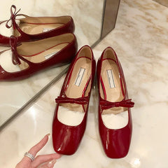 LBSFY  -  2024 New Square Toe Glossy Leather Flats Women Bowknot Mary Jane Shoes Female Red Dance Ballets Party Ball Bridal Wedding Shoes