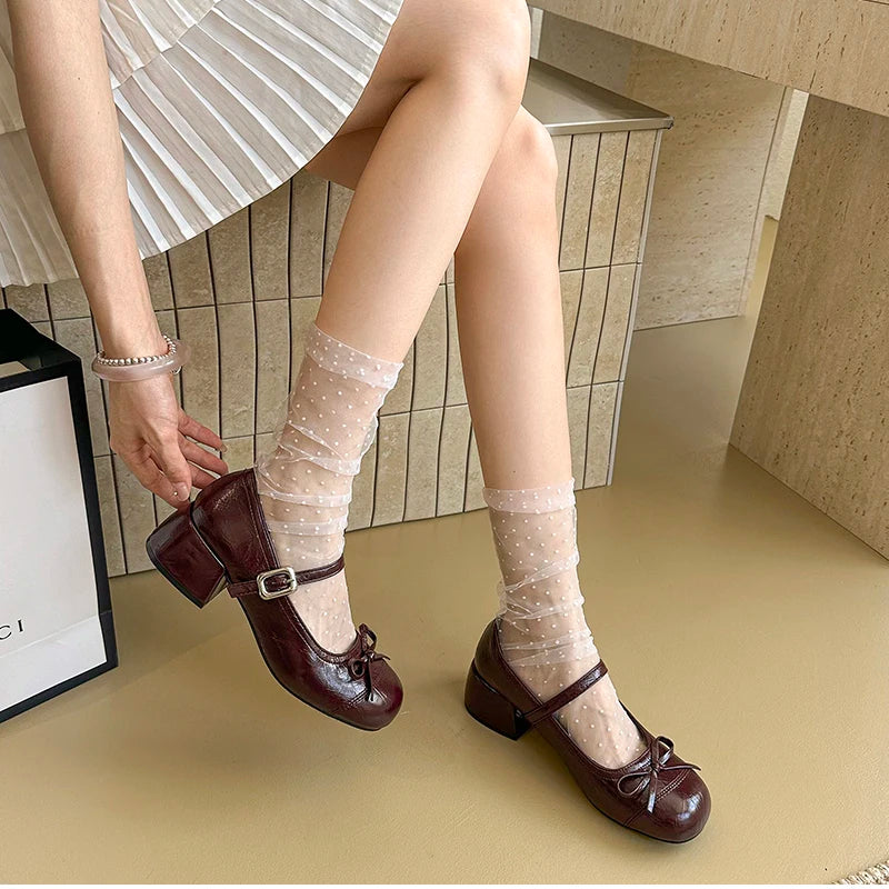 LBSFY -Ballet Style Butterfly-knot Mary Jane Shoes for Women Concise Dress Thick Heel Ladies Footwear