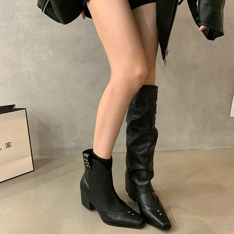 LBSFY  -  Designer Autumn Cowboy Boots For Women Fashion Slip On Long Knight Boots Female Square High Heel 2024 Winter Footwear