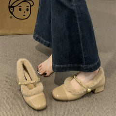 LBSFY  - Winter New Women's Shoes Plush Single Shoes Wearing Thick Heels with Velvet and Warm Cotton Shoes Outside French Marilyn Shoes