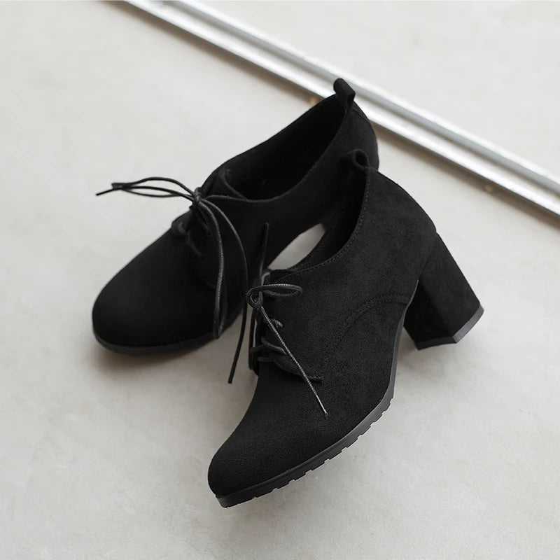 LBSFY  -  Spring New 2024 Ladies Retro Pumps Classics Flock Lace Up Office Round Toe Block High Heel Shoes Female Size 33-43 Black Brown