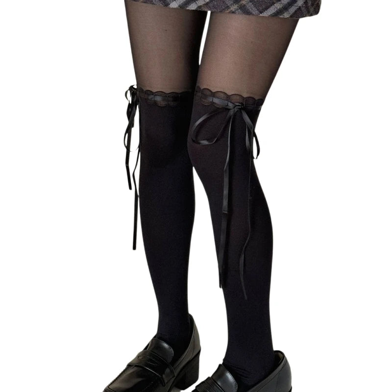 Lbsfy Lolita Styles Girls Tights Sweet Bow Kawaii Stockings for Women Semi-Transparent Pantyhose JK Students High Elastic Long Socks