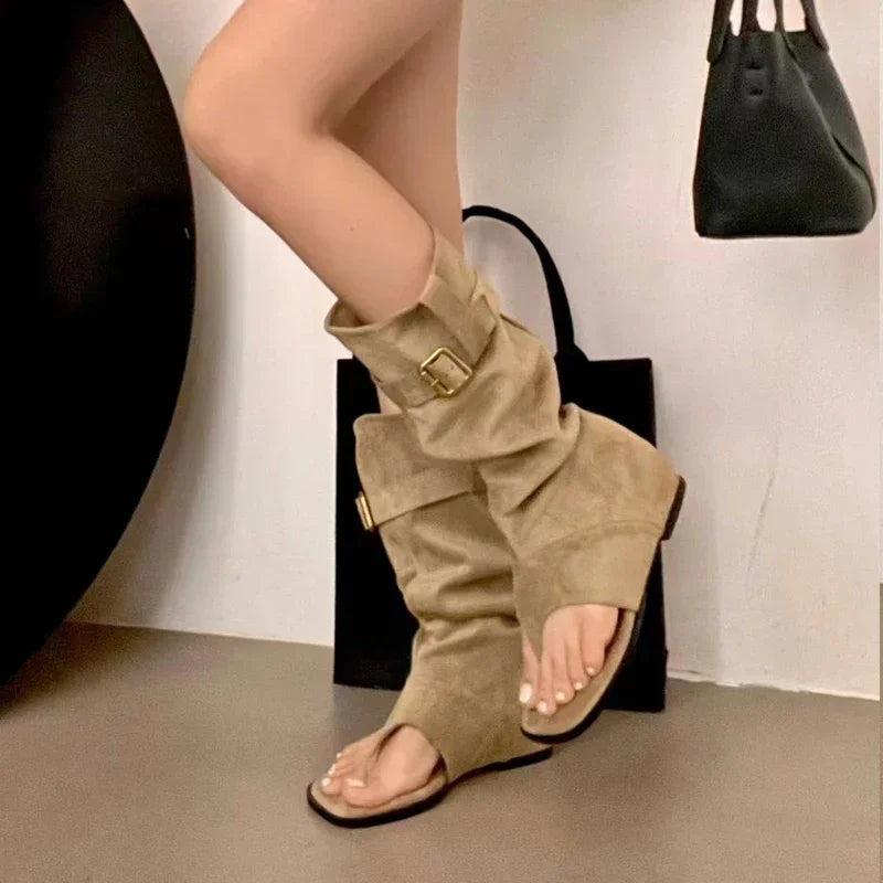 LBSFY -Fashion Open Clip Toe Pleated Ankle Boots Sandals Women Short Booties Designer Wedges High Heels Ladies Shoes