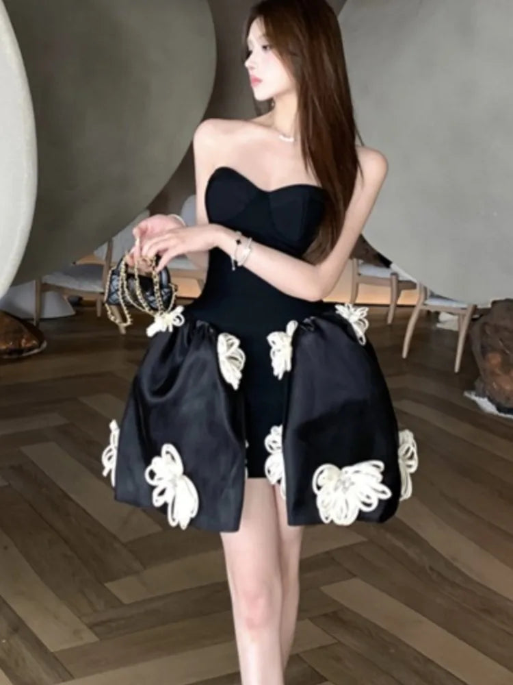 LBSFY -Spring Summer 2025 Elegant Chic French Strapless Women's Dresses Black Backless Slim Fit Waist Spliced Ball Gown Dress Party