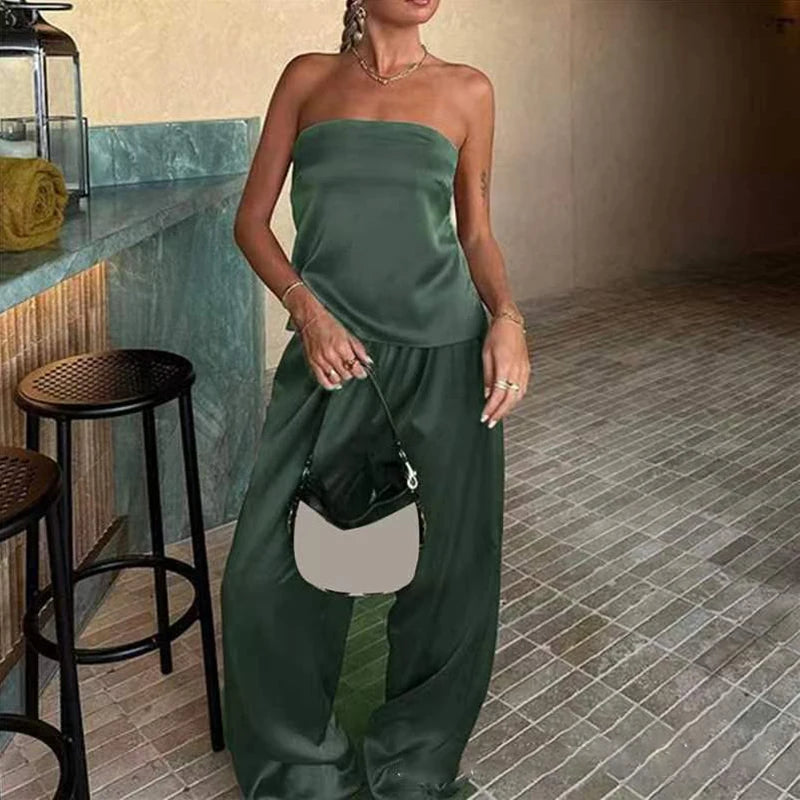 LBSFY  -  Sexy Off Shoulder Sleeveless Tops & Long Pant Set Women Elegant Strapless Loose Outfits Fashion Hight Waist Solid Satin 2Pc Suit