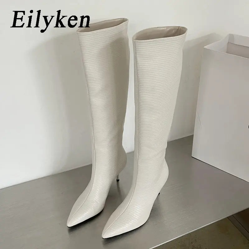 LBSFY -Sexy Gingham Pointed Toe Women Knee-High Boots High Quality Party Dress Modern Long Booties Thin Low Heels Shoes