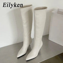 LBSFY -Sexy Gingham Pointed Toe Women Knee-High Boots High Quality Party Dress Modern Long Booties Thin Low Heels Shoes