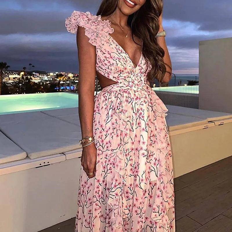 LBSFY  -  Chic Spring Floral Print Ruffle Boho Long Dress Women Sexy Deep V Neck Hollow Party Dress New Summer Sleeveless Split Maxi Dress