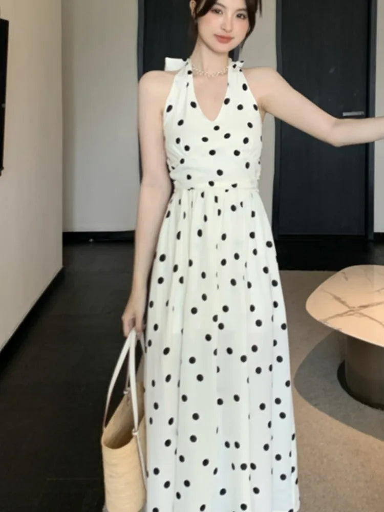 LBSFY -Dot Chic Retro Elegant French Style Polka Sling Dresses Bow Backless Slim Waist Halter-neck Split Dress Spring Summer 2025 New