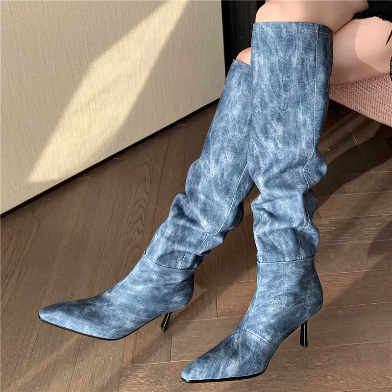LBSFY  -  2024 New Fashion Slip On Over The Knee Boots Pleated Genuine Leather Boots For Women Thin High Heels Winter Boots
