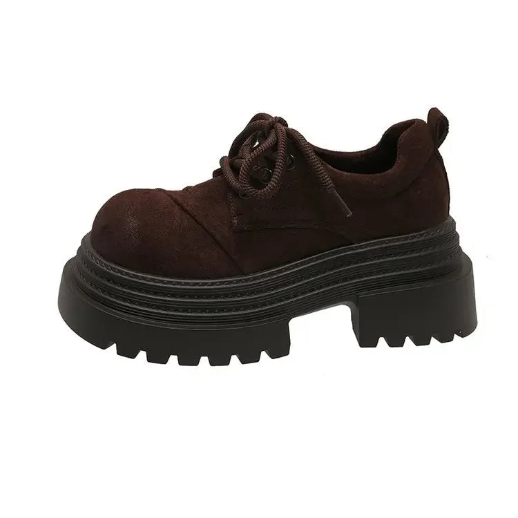 LBSFY  -  Women heels brown vintage platform Nubuck Leather Shoes women's Comfortable Lace Up Oxford Loafers Casual College Student Shoe