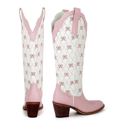 LBSFY  -  Women Pink Pull-on Knee High Cowgirl Boots with Bow  Comfy Women Big Size Cowboy Boots