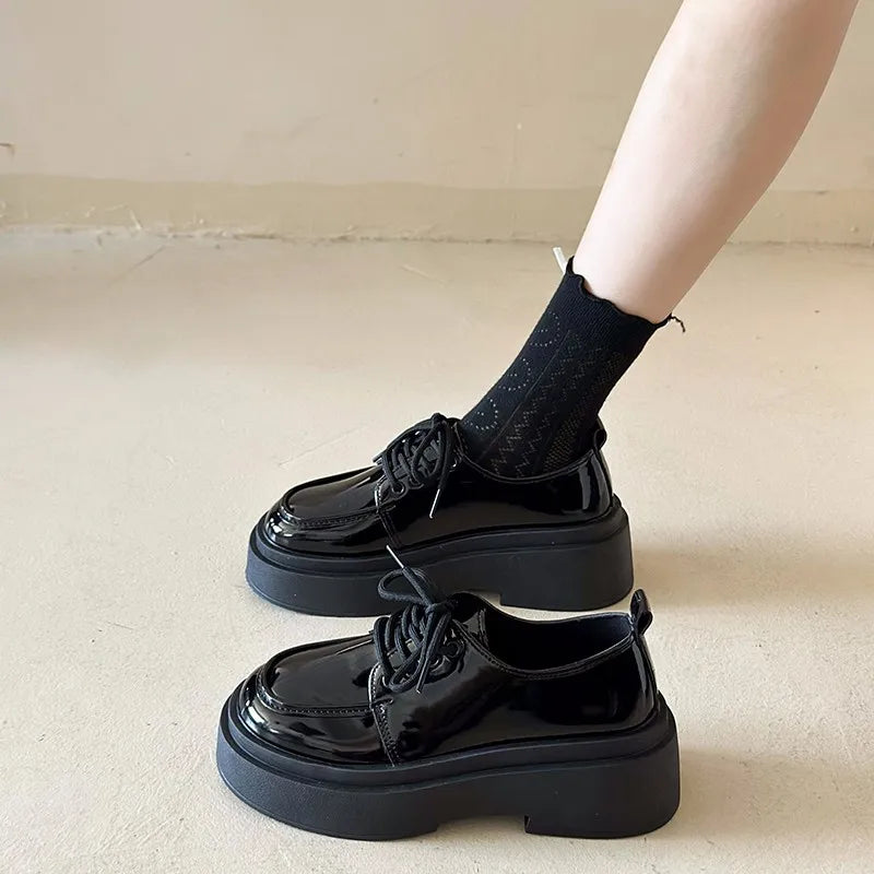 LBSFY  -  Retro British Style Black Loafers for Women Fashion Casual New Designer Platform Shoes Ladies PU Leather Lace Pumps Shoes Ladies