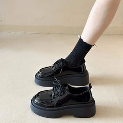LBSFY  -  Retro British Style Black Loafers for Women Fashion Casual New Designer Platform Shoes Ladies PU Leather Lace Pumps Shoes Ladies
