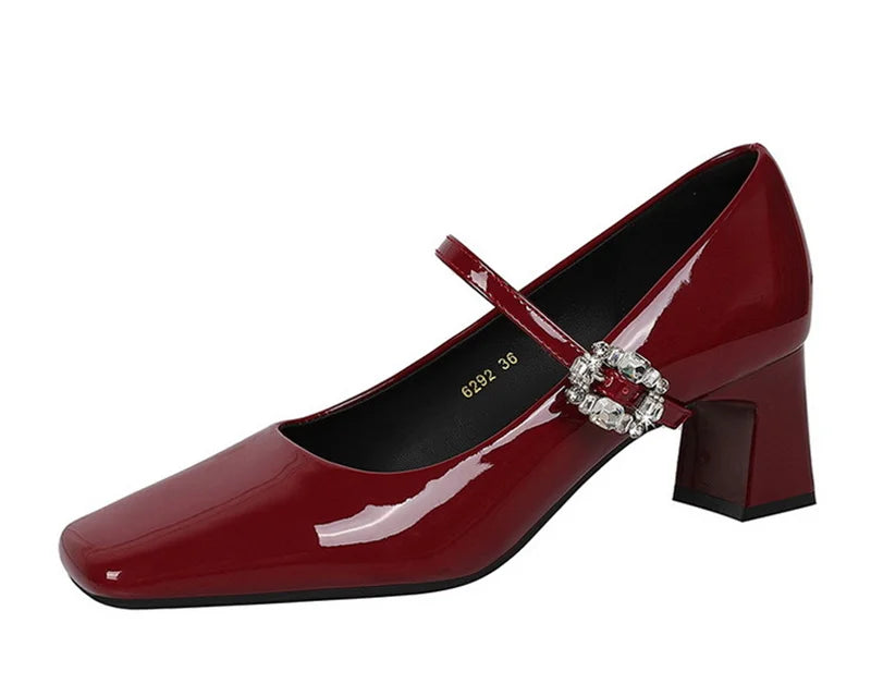 LBSFY -Banquet Mary Jane Women Single Shoes Square Toe Light Mouth Patent Leather One-Striped Rhinestone Buckle Thick Heel Medium Heel